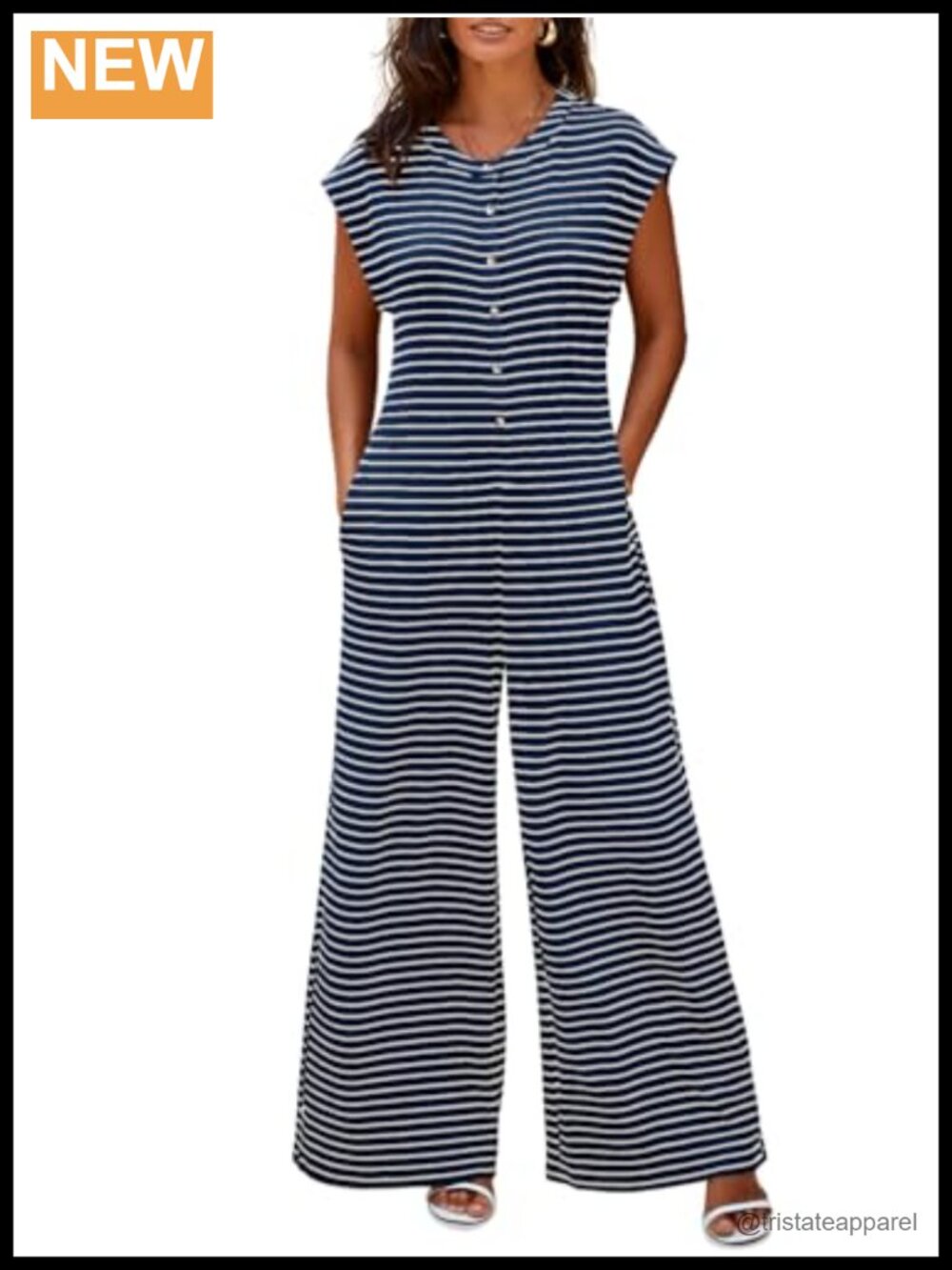 Striped Wide Leg Cap Sleeve Button Down Jumpsuit